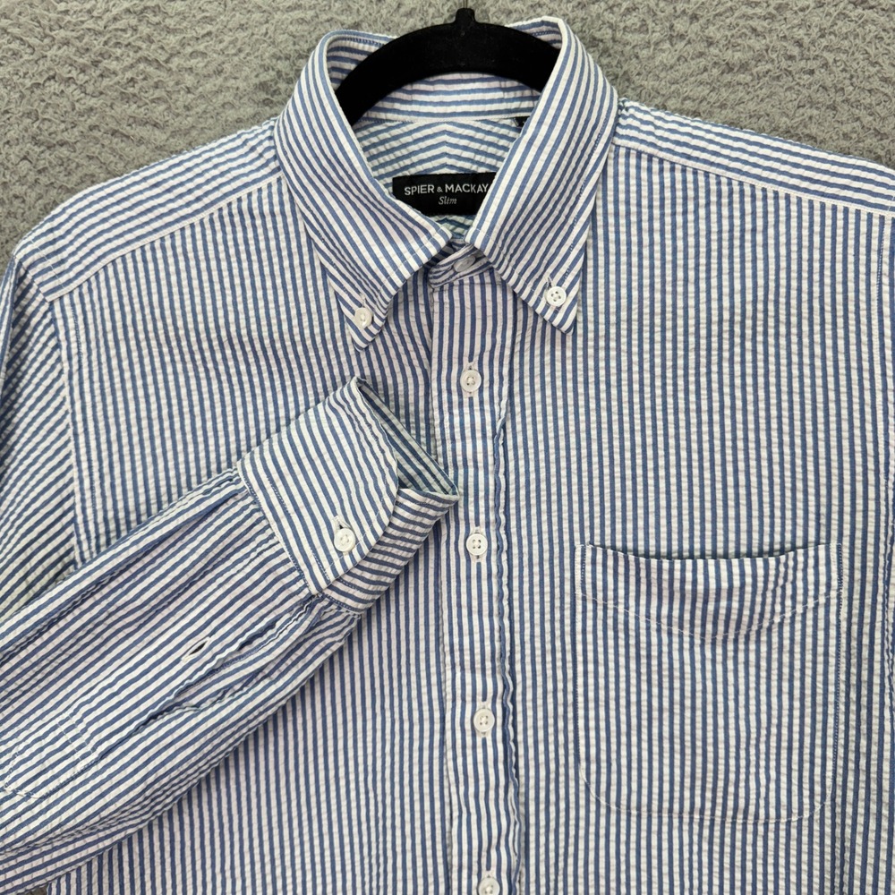 Spier & Mackay Shirt Mens 14.5 Blue Seersucker Stripe Slim Cotton Preppy Office